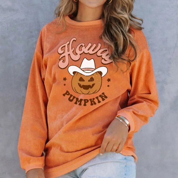 Orange Howdy Pumpkin Halloween Graphic Corded Sweatshirt - Picture 2 of 8